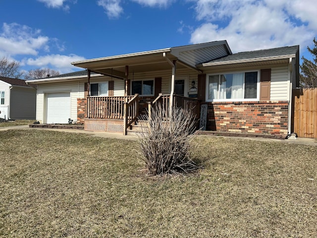 single story home with brick siding, a porch, an attached garage, and fence