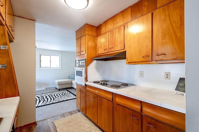 kitchen with visible vents, stainless steel electric cooktop, oven, light countertops, and under cabinet range hood