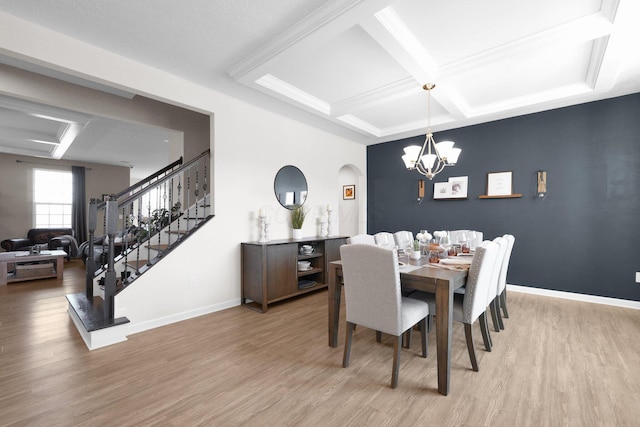 dining space featuring stairway, baseboards, coffered ceiling, and wood finished floors