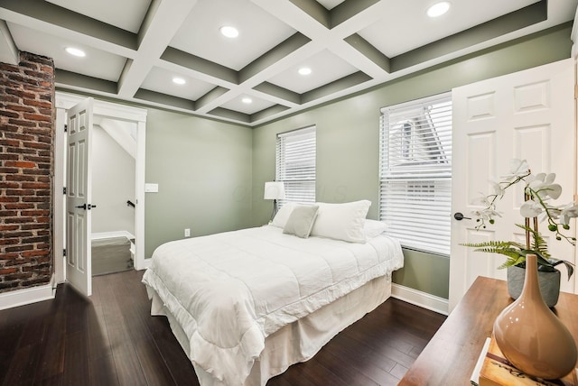 bedroom featuring beam ceiling, coffered ceiling, dark wood finished floors, recessed lighting, and baseboards