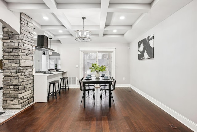 dining area with beam ceiling, coffered ceiling, baseboards, a chandelier, and dark wood-style flooring