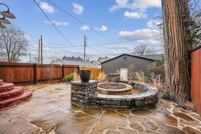 view of patio / terrace featuring a fire pit and a fenced backyard