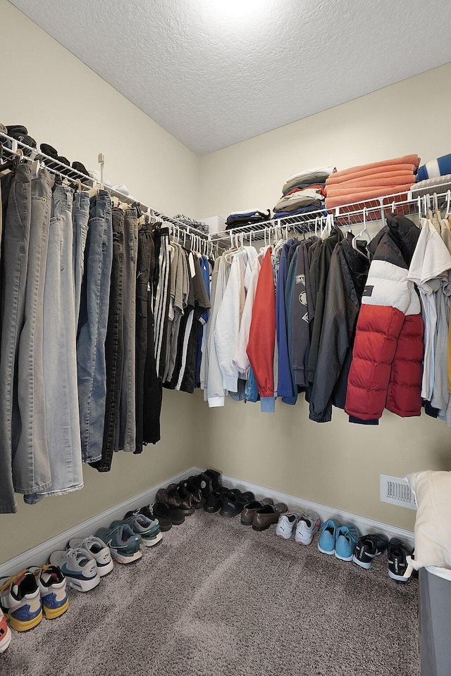 spacious closet featuring visible vents and carpet floors