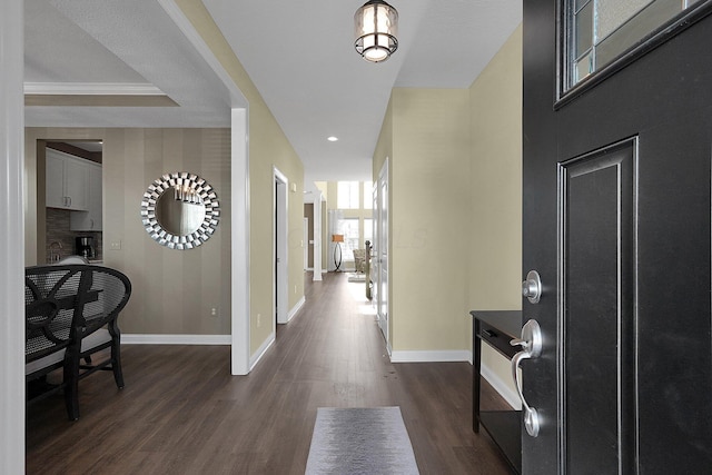 foyer entrance with dark wood finished floors and baseboards