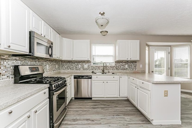 kitchen with a sink, stainless steel appliances, plenty of natural light, and a peninsula