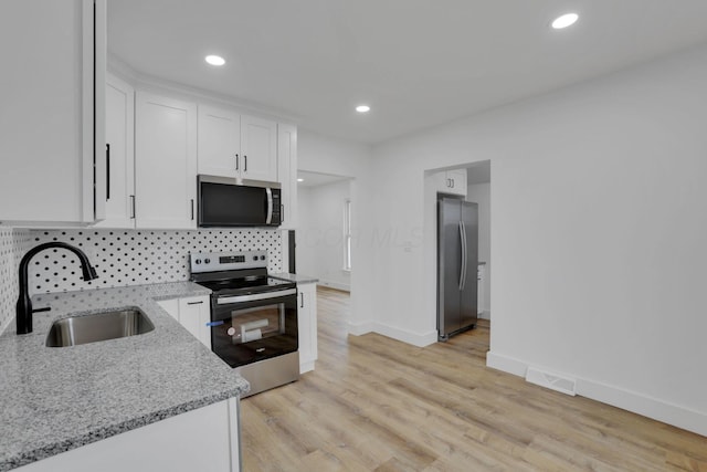 kitchen with visible vents, a sink, tasteful backsplash, appliances with stainless steel finishes, and white cabinets