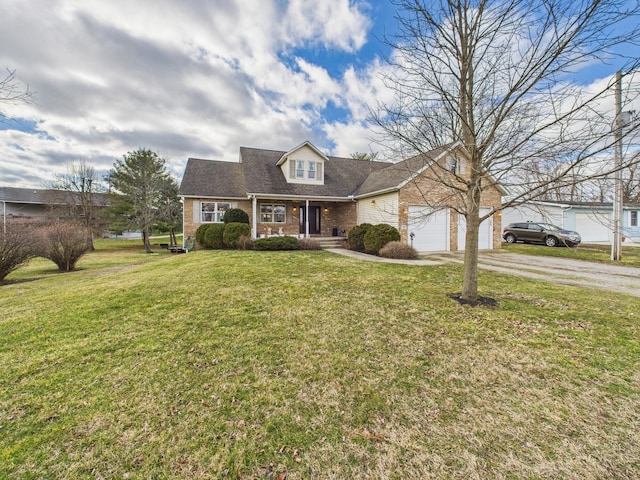 view of front facade featuring driveway, a front lawn, a shingled roof, a garage, and brick siding