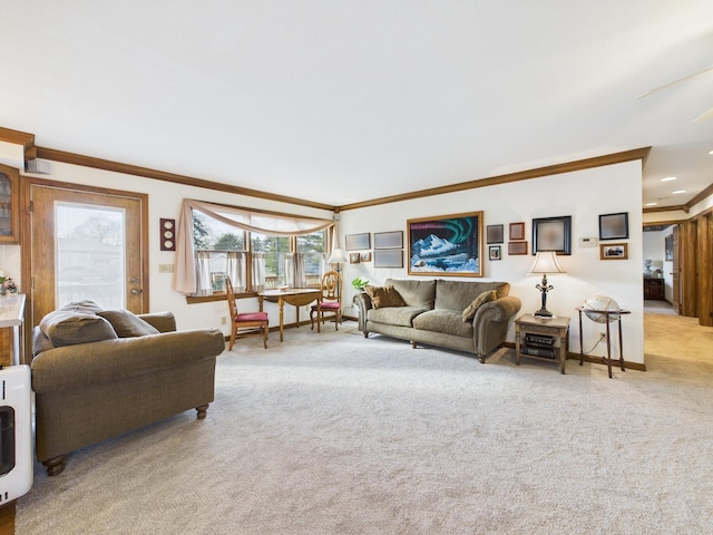 living room with recessed lighting, baseboards, crown molding, and carpet