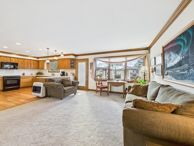 living area with crown molding, plenty of natural light, and light carpet