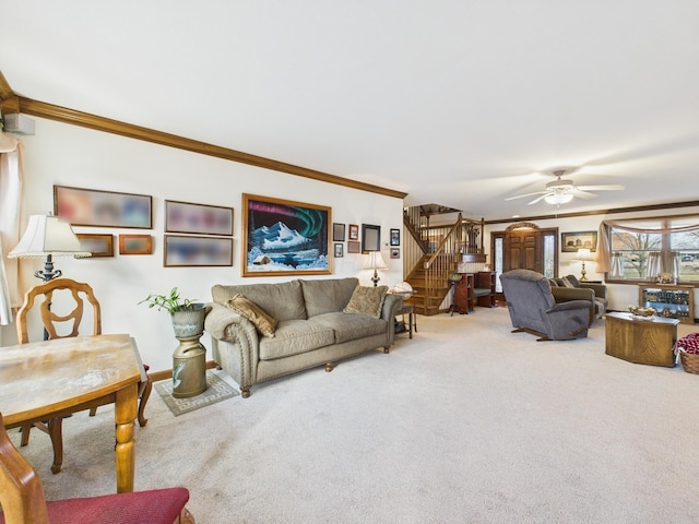 living area with stairway, carpet floors, ornamental molding, and a ceiling fan