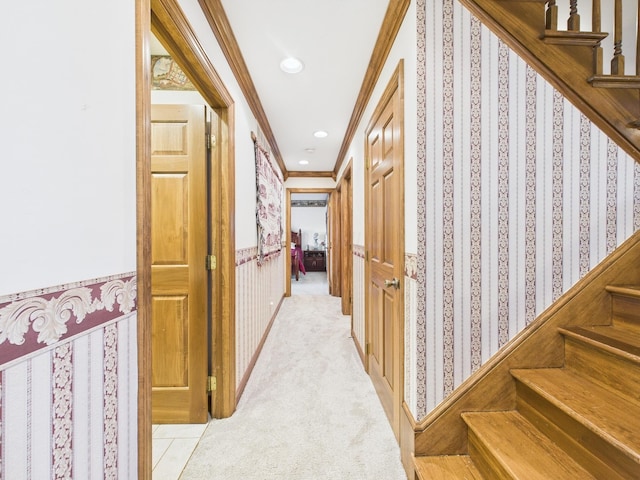 hallway featuring wallpapered walls, light colored carpet, wainscoting, and crown molding