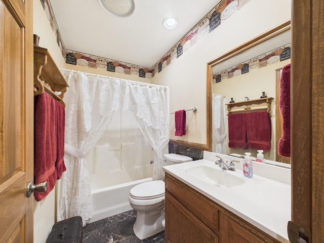 full bath with visible vents, shower / bath combo with shower curtain, toilet, marble finish floor, and vanity