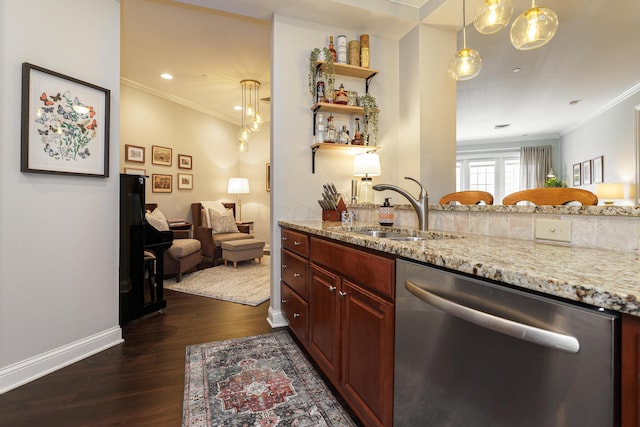 kitchen with dark wood-style floors, dishwasher, crown molding, and a sink