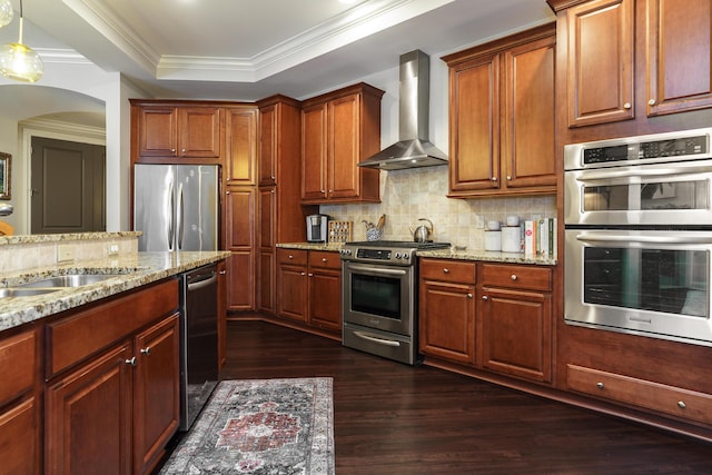 kitchen with wall chimney range hood, a tray ceiling, decorative backsplash, appliances with stainless steel finishes, and dark wood-style flooring