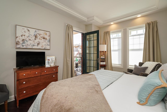 bedroom featuring recessed lighting, wood finished floors, crown molding, and access to outside