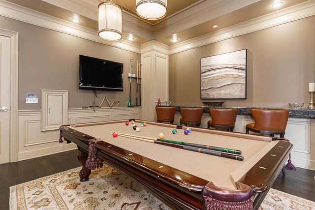 recreation room featuring recessed lighting, pool table, dark wood-type flooring, wainscoting, and a decorative wall