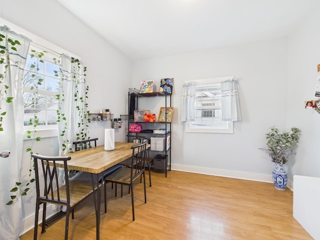 dining room with a healthy amount of sunlight, light wood-style floors, and baseboards