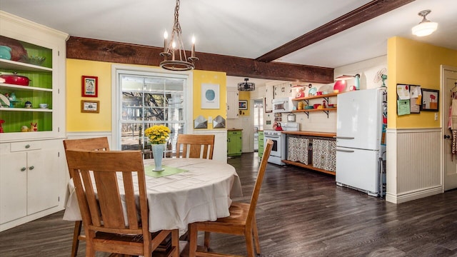 dining space with beamed ceiling, dark wood finished floors, and wainscoting