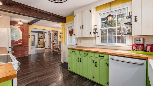 kitchen with white appliances, dark wood-type flooring, a healthy amount of sunlight, and butcher block counters