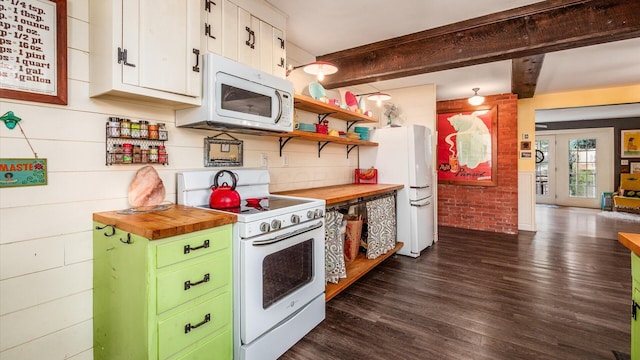 kitchen featuring white appliances, beam ceiling, dark wood-style flooring, and butcher block counters