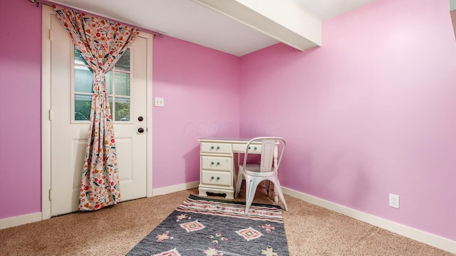 playroom featuring beam ceiling, baseboards, and carpet floors