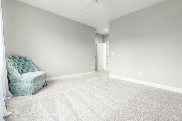 living area featuring recessed lighting, baseboards, carpet, and a ceiling fan