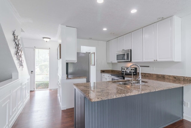 kitchen featuring a peninsula, dark wood-style flooring, a sink, stainless steel appliances, and white cabinetry