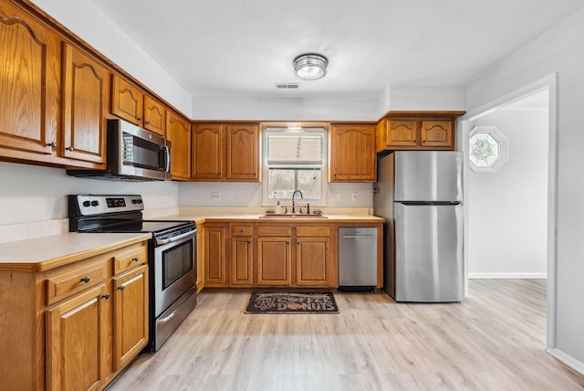 336 E Plum St, Westerville, OH 43081 - kitchen with visible vents, a sink, stainless steel appliances, brown cabinetry, and light countertops