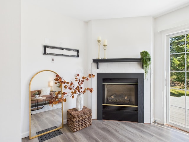 room details with wood finished floors and a tiled fireplace