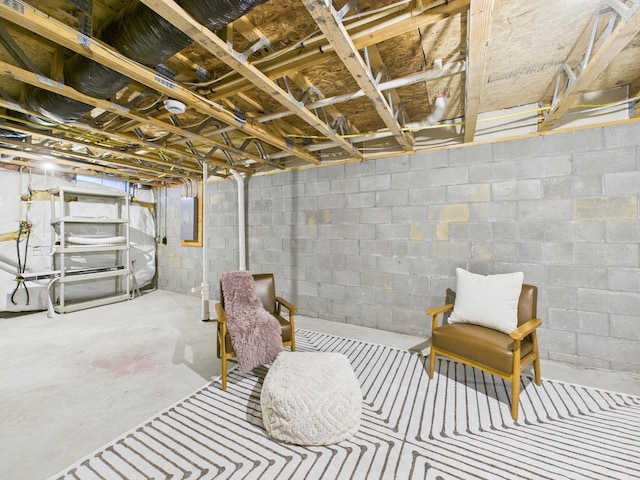 unfinished basement featuring electric panel