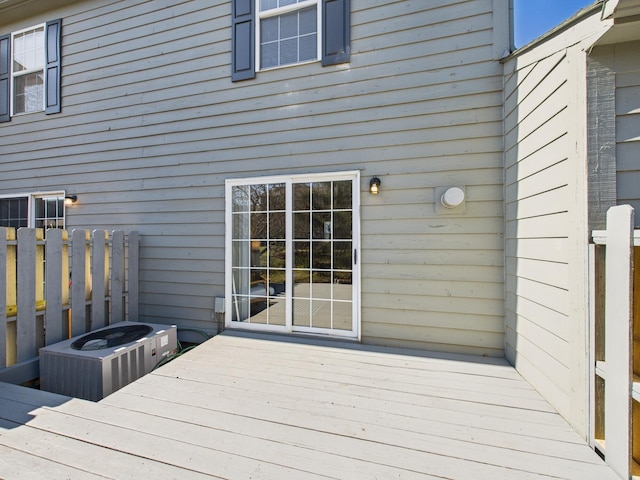 wooden deck featuring central air condition unit and fence