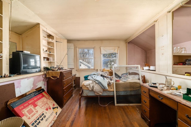 bedroom featuring lofted ceiling and dark wood-style floors