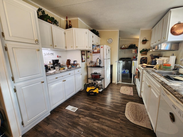 kitchen featuring white cabinetry, white appliances, and a sink