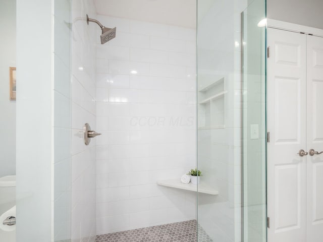 bathroom with toilet and a shower stall