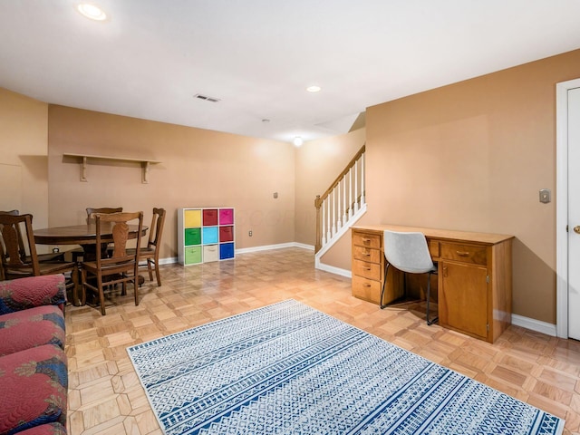 living area with visible vents, recessed lighting, stairway, and baseboards