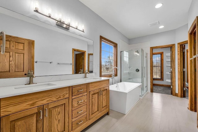 full bath featuring a sink, a freestanding tub, a stall shower, and double vanity