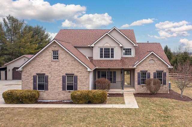 traditional home featuring brick siding, a shingled roof, a front lawn, covered porch, and a garage