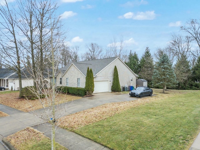 view of property exterior with driveway, a lawn, a garage, and stone siding