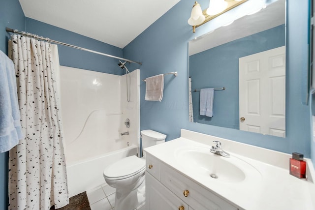 full bath with shower / bath combo with shower curtain, toilet, vanity, and tile patterned flooring