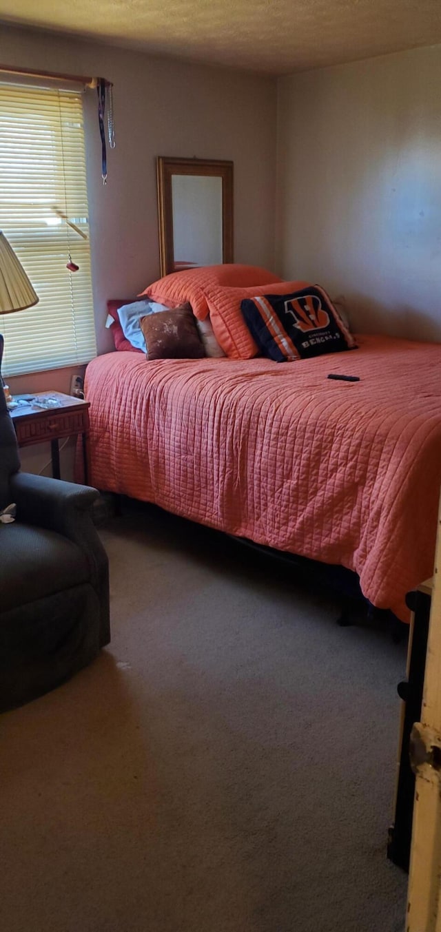 bedroom featuring carpet flooring and a textured ceiling