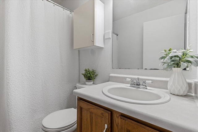 bathroom featuring toilet, vanity, and a textured wall