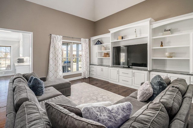 living room featuring dark wood finished floors, baseboards, and a wealth of natural light