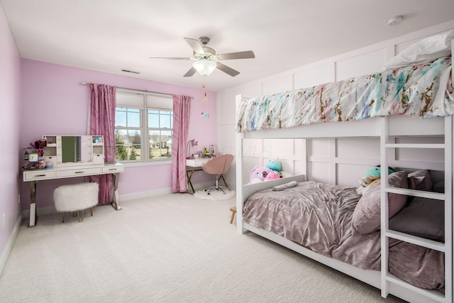 bedroom with visible vents, a ceiling fan, baseboards, and carpet floors