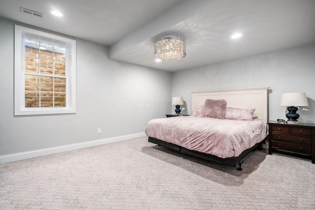 bedroom with visible vents, recessed lighting, baseboards, and carpet