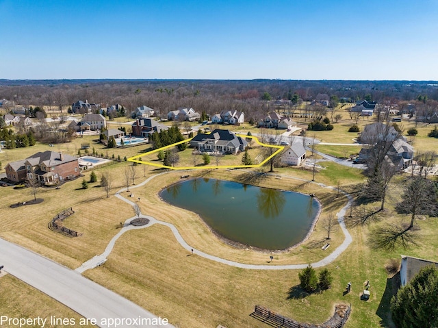 bird's eye view with a water view and a residential view