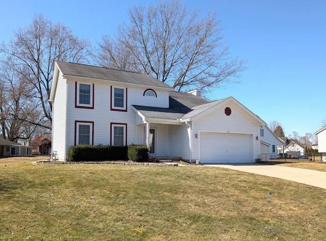 traditional home featuring a chimney, driveway, an attached garage, and a front yard