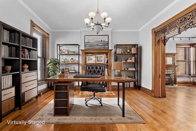 529 S 3rd St, Columbus, OH 43215 - office space with wood finished floors, a chandelier, and crown molding