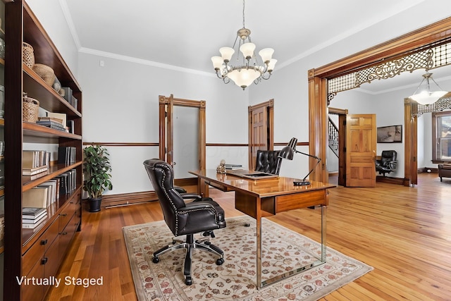 529 S 3rd St, Columbus, OH 43215 - office featuring ornamental molding, a chandelier, and wood-type flooring
