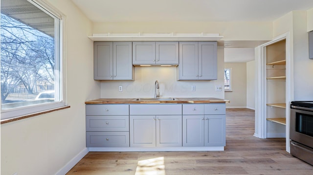 kitchen with gray cabinets, wood counters, and a sink