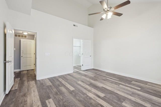 6741 Bigerton, Canal Winchester, OH 43110 - unfurnished bedroom featuring high vaulted ceiling, wood finished floors, baseboards, and a ceiling fan